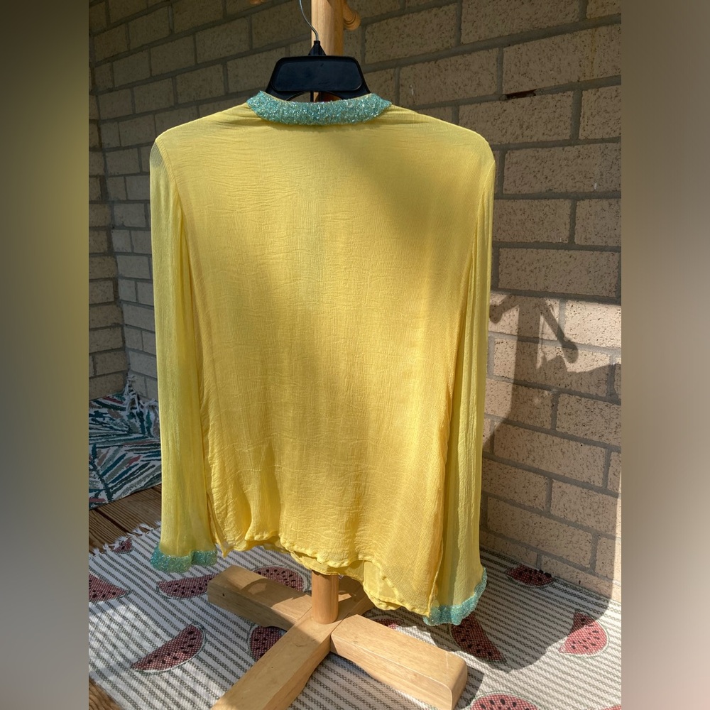 Jeannie Mcqueeny 100% Silk Yellow Blouse Blue Beaded Sunburst & Sleeve Detail - Picture 11 of 17